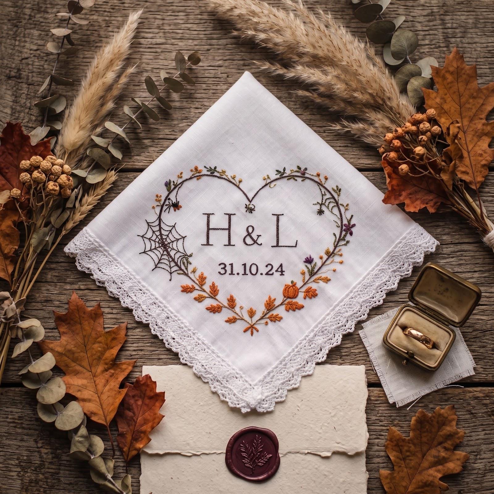 Handkerchief – Personalized Fall Wedding Hanky with Custom Initials Date Halloween Pumpkin Wreath Bride Groom Gift and Embroidered Keepsake - photo 2