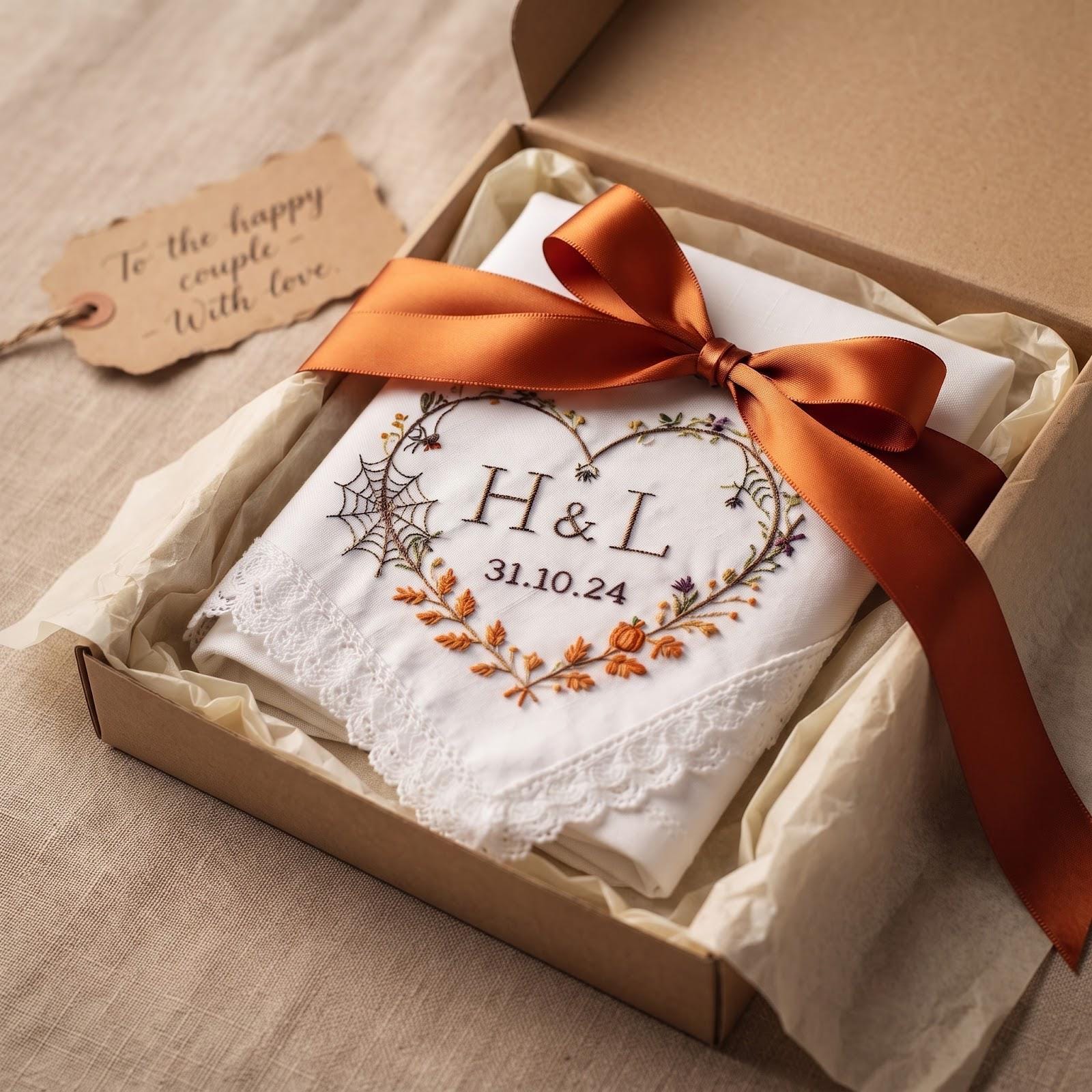 Handkerchief – Personalized Fall Wedding Hanky with Custom Initials Date Halloween Pumpkin Wreath Bride Groom Gift and Embroidered Keepsake - photo 6