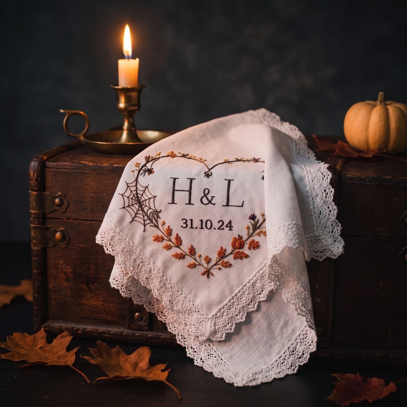 Handkerchief – Personalized Fall Wedding Hanky with Custom Initials Date Halloween Pumpkin Wreath Bride Groom Gift and Embroidered Keepsake - photo 7