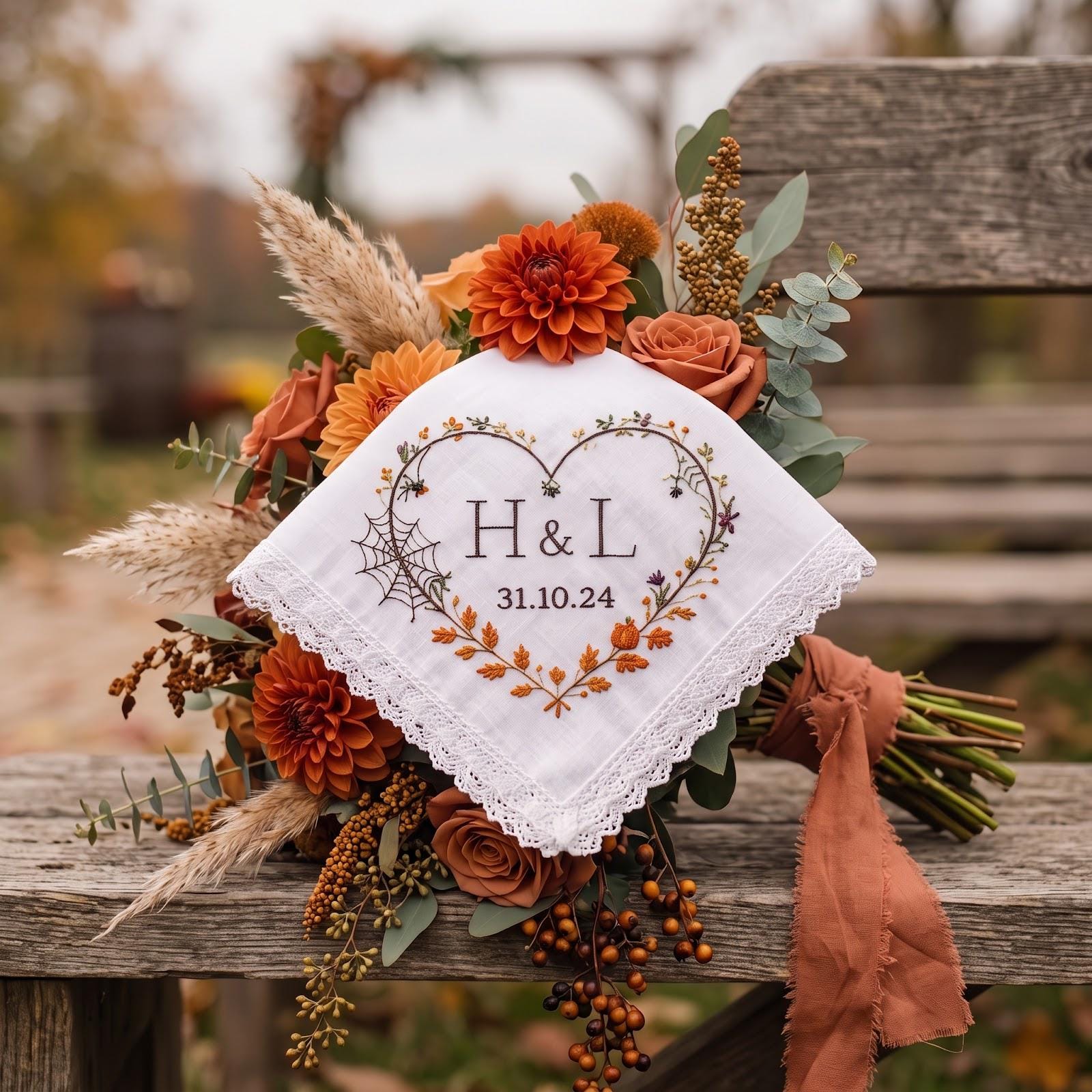 Handkerchief – Personalized Fall Wedding Hanky with Custom Initials Date Halloween Pumpkin Wreath Bride Groom Gift and Embroidered Keepsake - photo 8