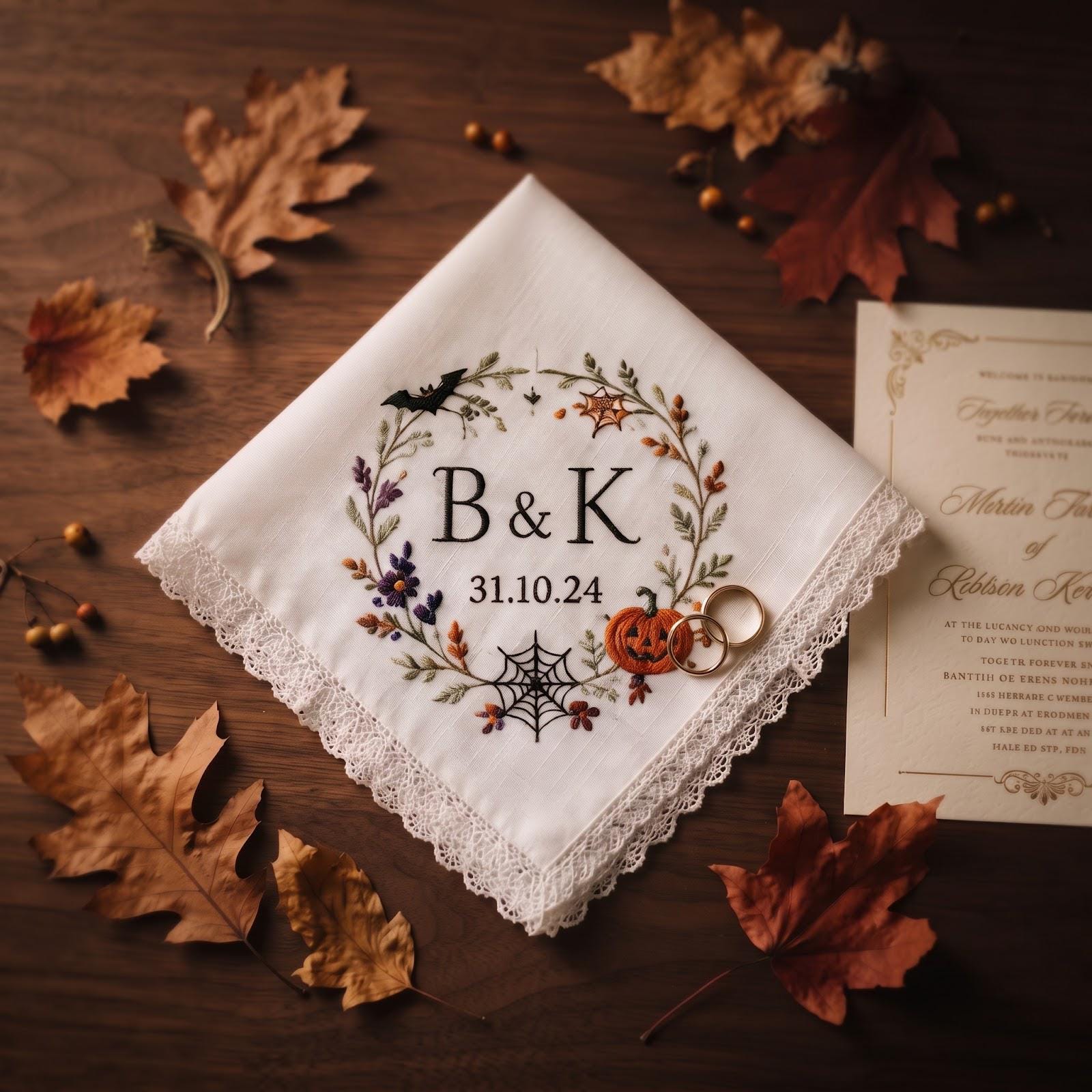 Handkerchief – Personalized Autumn Wedding Hanky with Custom Initials Date Halloween Heart Wreath Bride Groom Gift and Embroidered Keepsake