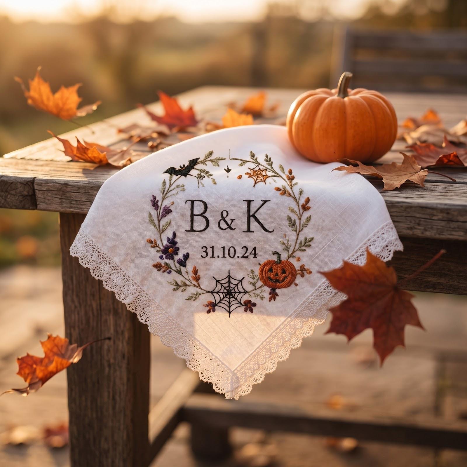 Handkerchief – Personalized Autumn Wedding Hanky with Custom Initials Date Halloween Heart Wreath Bride Groom Gift and Embroidered Keepsake - photo 2