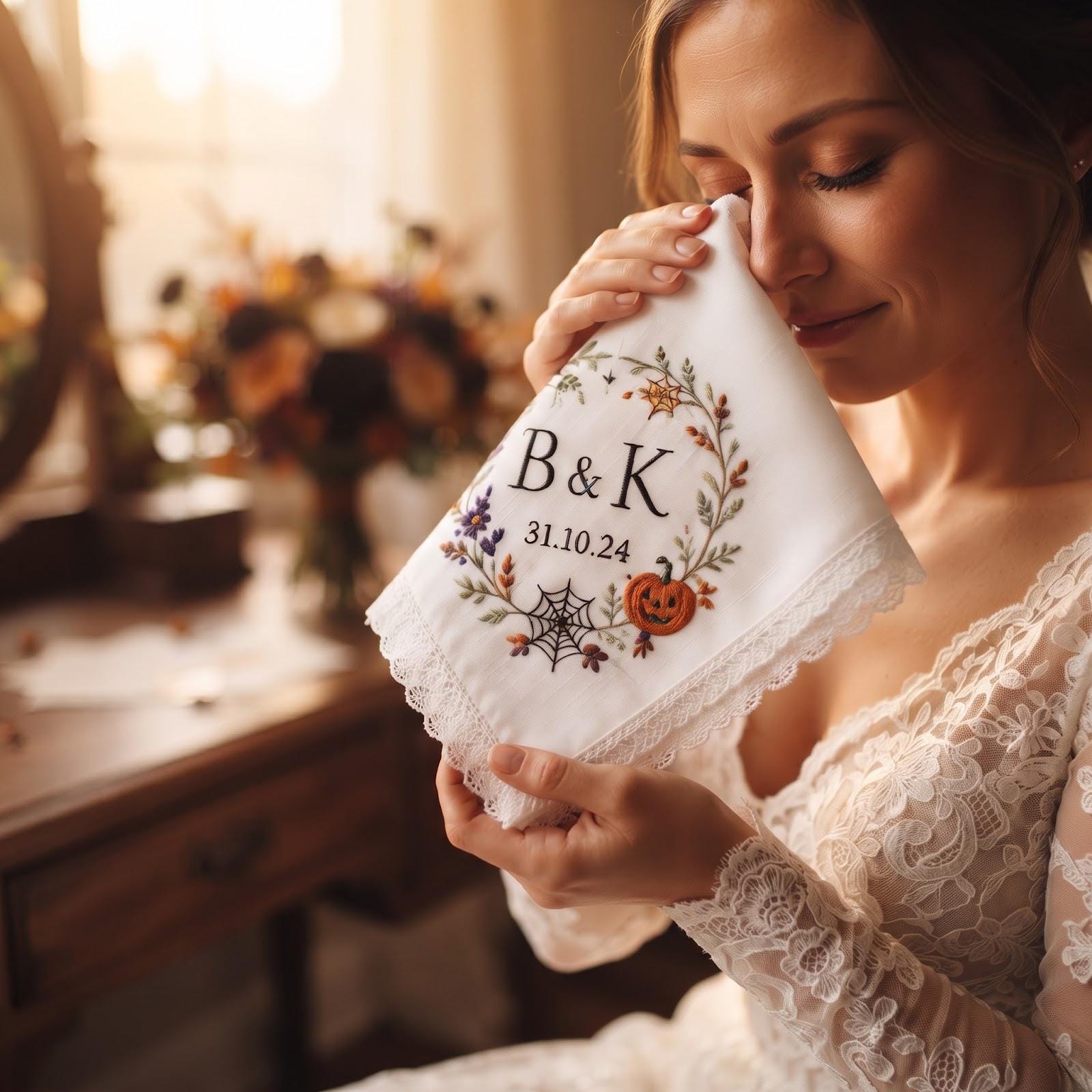 Handkerchief – Personalized Autumn Wedding Hanky with Custom Initials Date Halloween Heart Wreath Bride Groom Gift and Embroidered Keepsake - photo 6