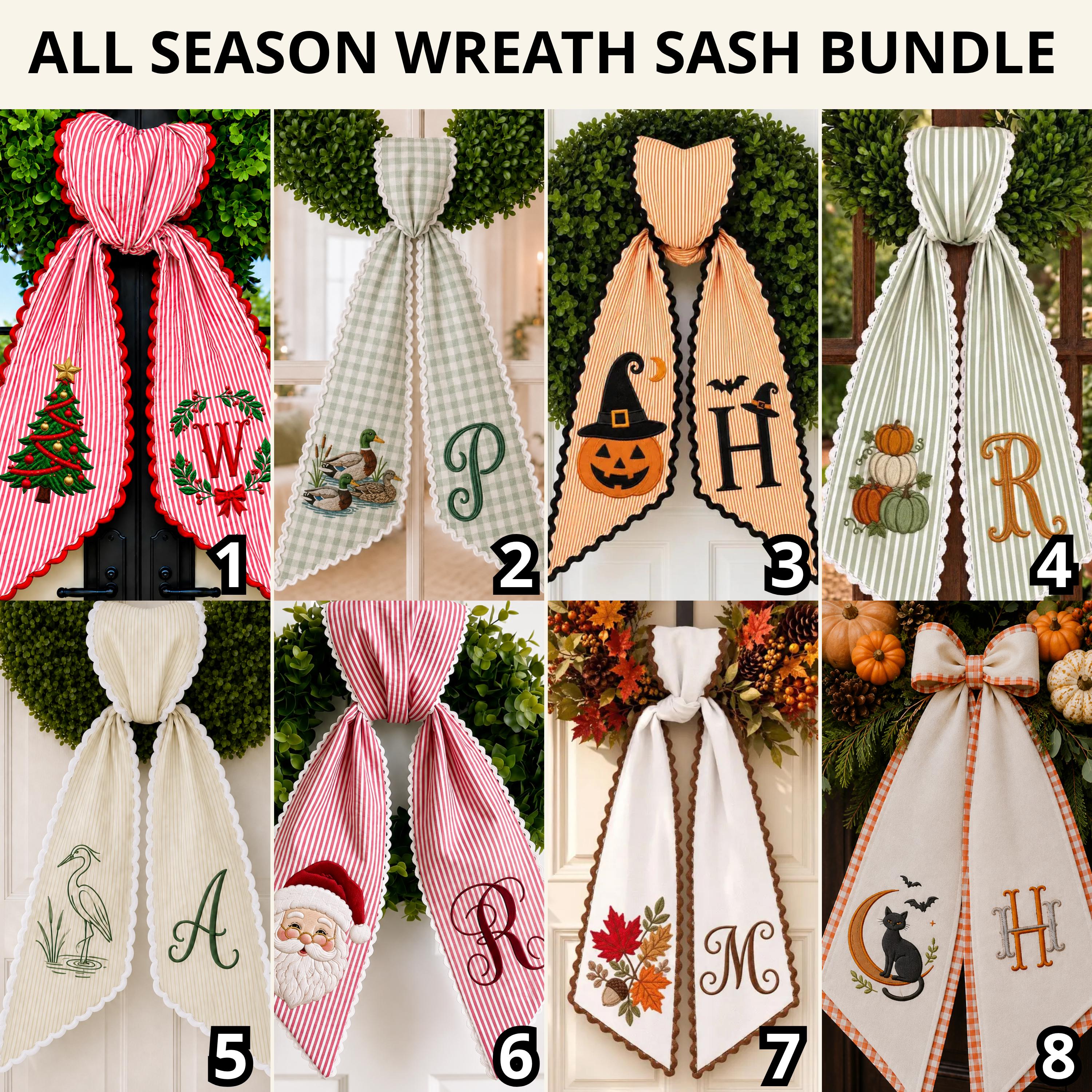 All Season Embroidery Wreath Sash Bundle with Personalized Monogram Door Decor, Holiday Wreath Bow, and Housewarming Gift