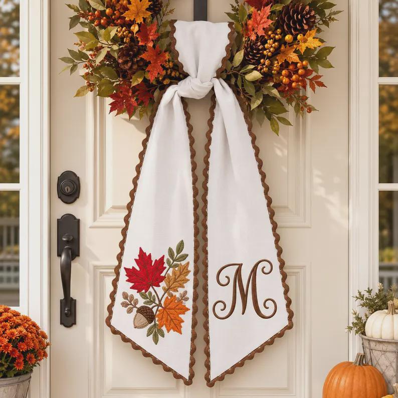 All Season Embroidery Wreath Sash Bundle with Personalized Monogram Door Decor, Holiday Wreath Bow, and Housewarming Gift - photo 2