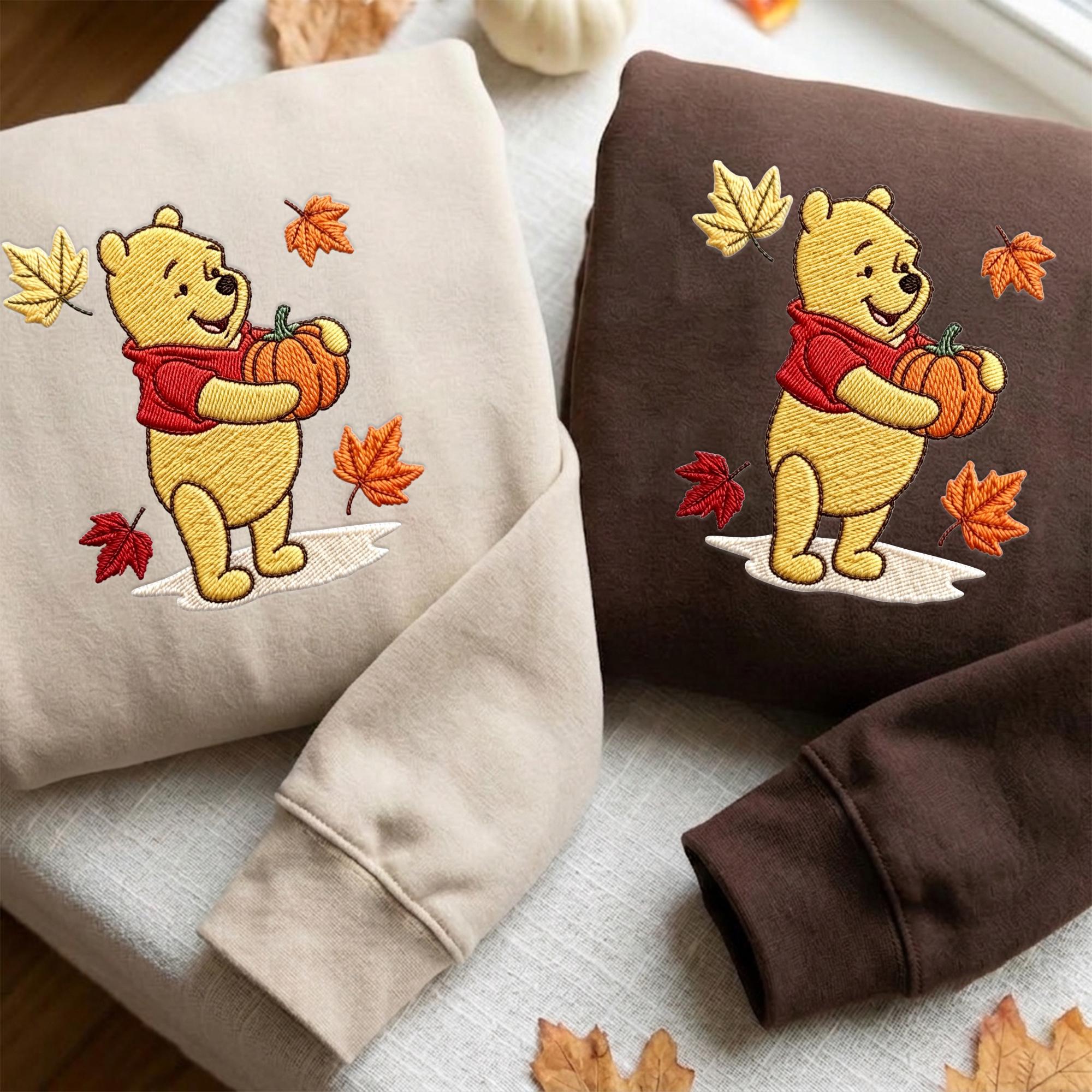 Embroidered Fall Winnie the Pooh Bear Quarter Zip Sweatshirt Hoodie and Baby Tee – Cozy Autumn Disney Trip Birthday Gift