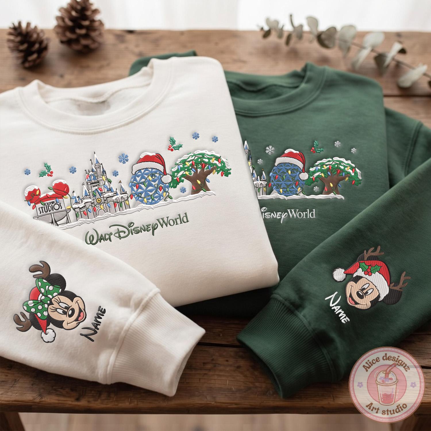 Embroidered Walt Disney World Christmas T-Shirt or Sweatshirt with Custom Name Mickey and Friends Very Merry Christmas