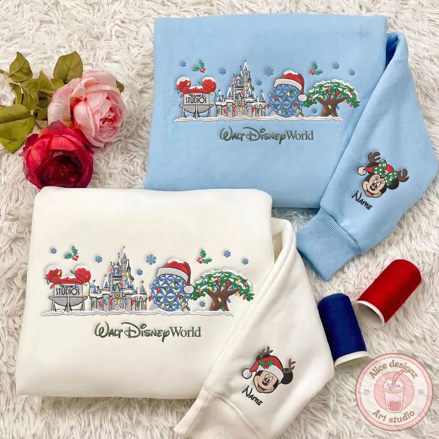 Embroidered Walt Disney World Christmas T-Shirt or Sweatshirt with Custom Name Mickey and Friends Very Merry Christmas - photo 2