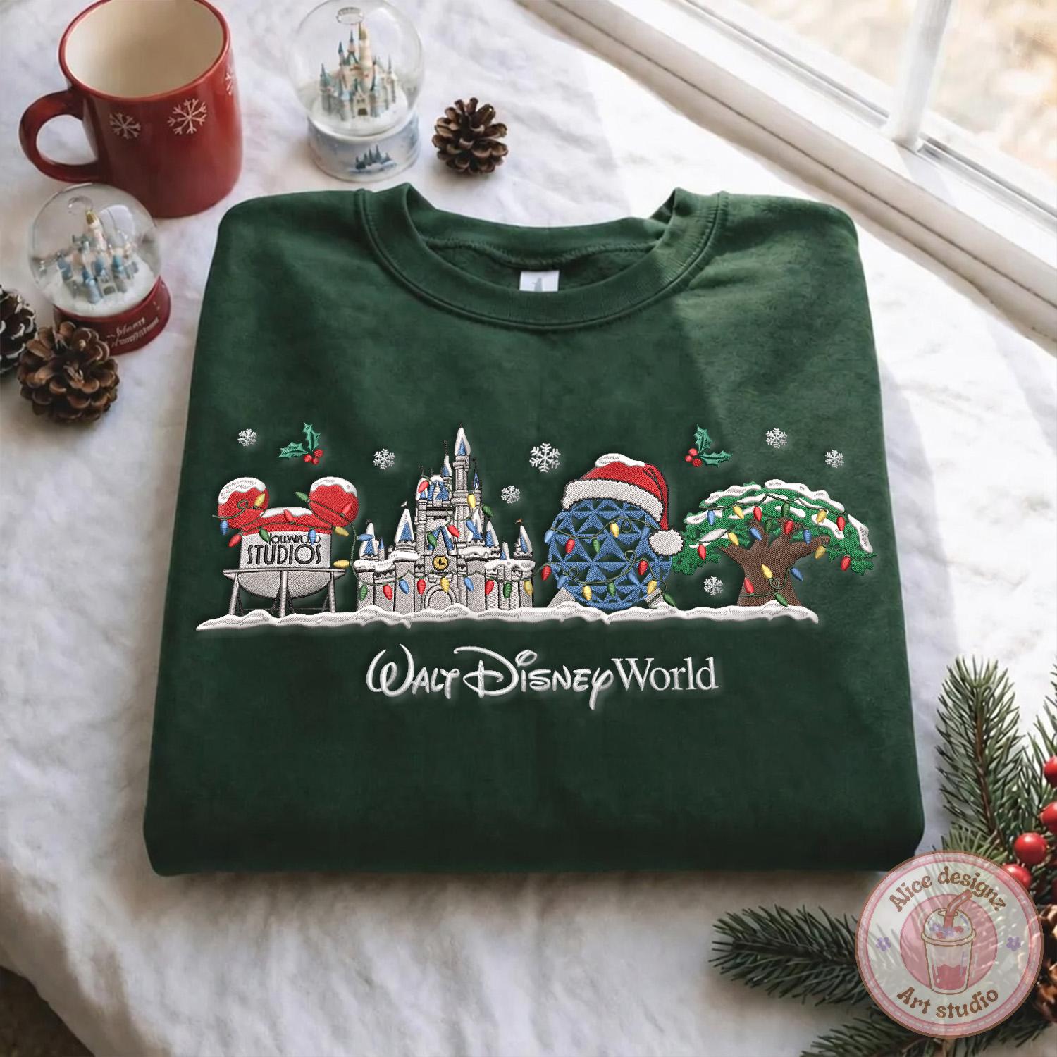 Embroidered Walt Disney World Christmas T-Shirt or Sweatshirt with Custom Name Mickey and Friends Very Merry Christmas - photo 3