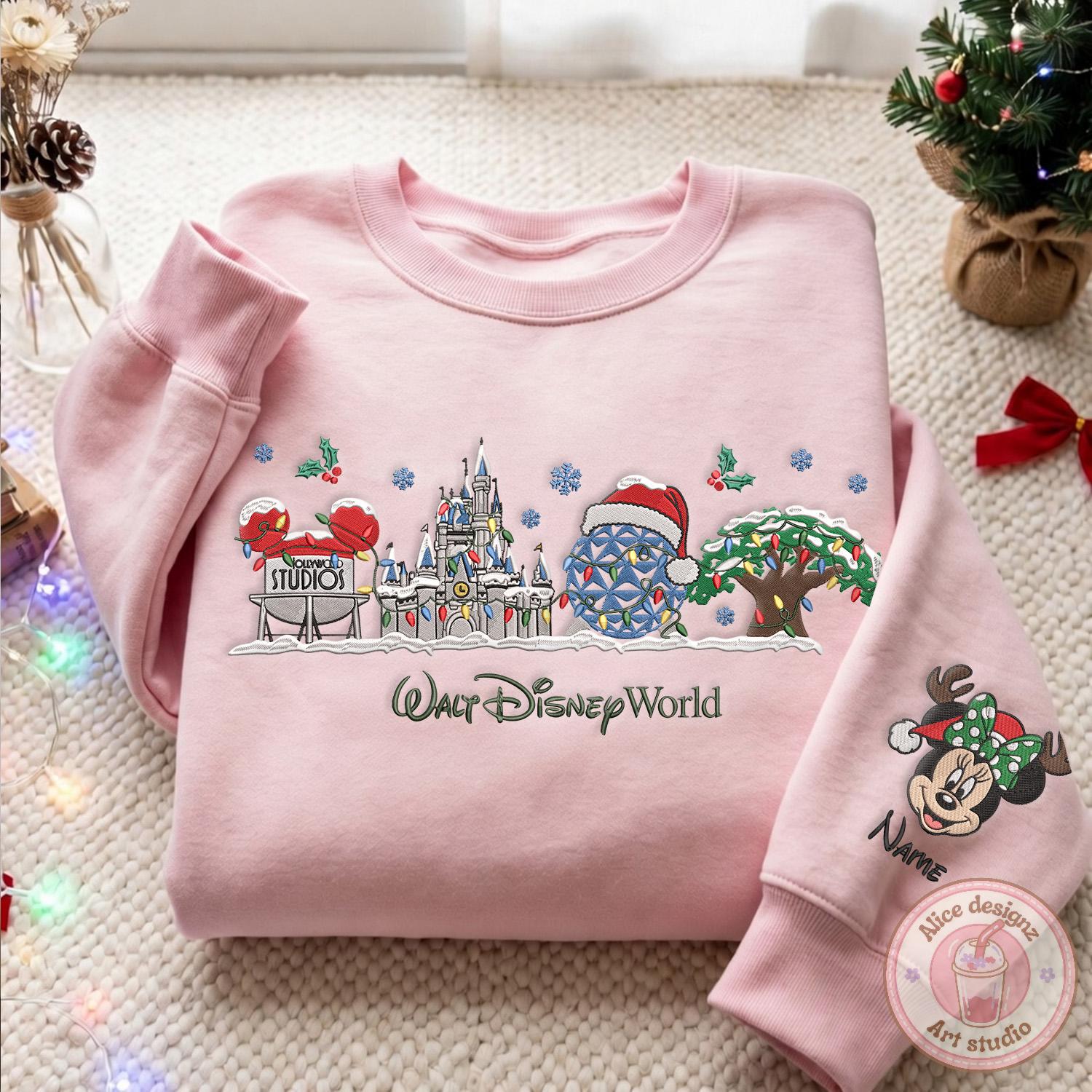 Embroidered Walt Disney World Christmas T-Shirt or Sweatshirt with Custom Name Mickey and Friends Very Merry Christmas - photo 4