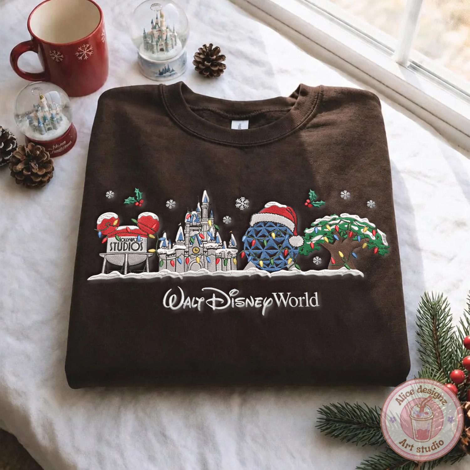 Embroidered Walt Disney World Christmas T-Shirt or Sweatshirt with Custom Name Mickey and Friends Very Merry Christmas - photo 5