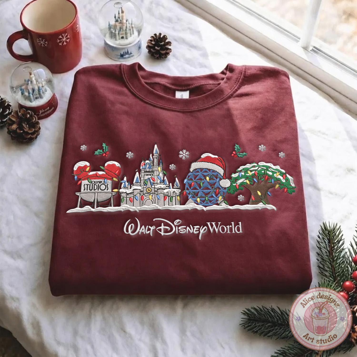 Embroidered Walt Disney World Christmas T-Shirt or Sweatshirt with Custom Name Mickey and Friends Very Merry Christmas - photo 6