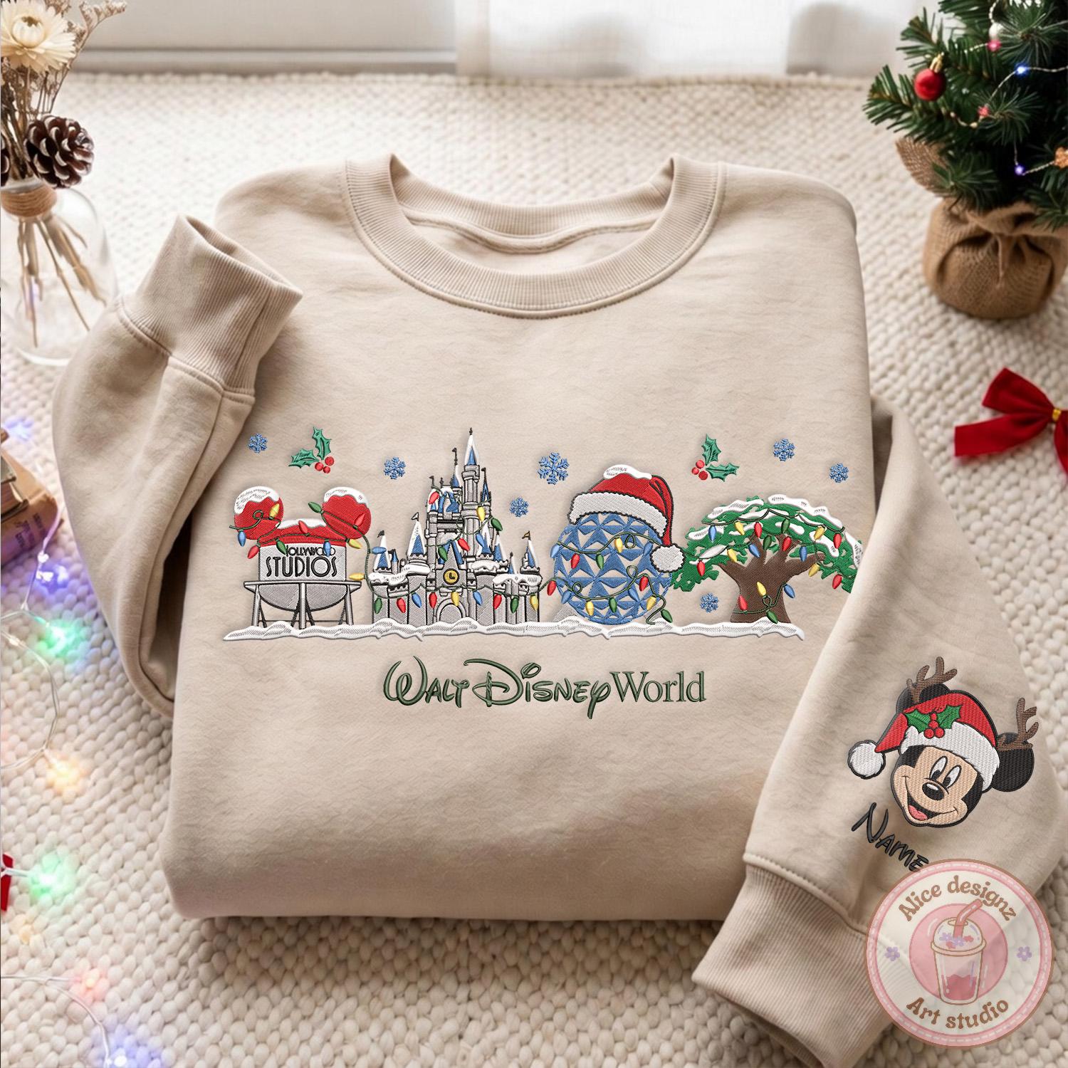 Embroidered Walt Disney World Christmas T-Shirt or Sweatshirt with Custom Name Mickey and Friends Very Merry Christmas - photo 7