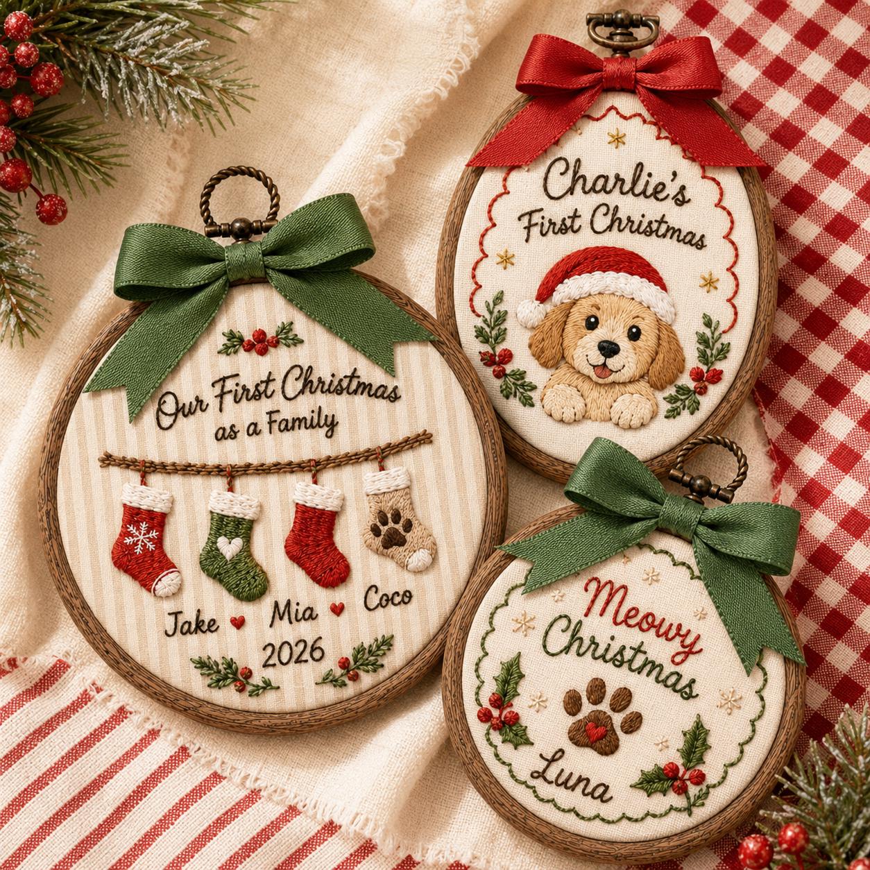 Personalized Family Christmas Ornament with Custom Names Embroidered Hoop, First Christmas Together Keepsake, and Dog Lover Holiday Gift 2026