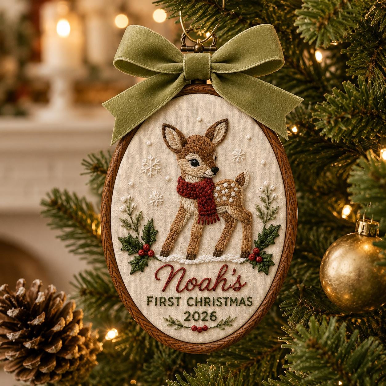 Ornament – Personalized Baby First Christmas Name Embroidered Deer Hoop with Woodland Baby Keepsake and Newborn Holiday Decor 2026 Gift