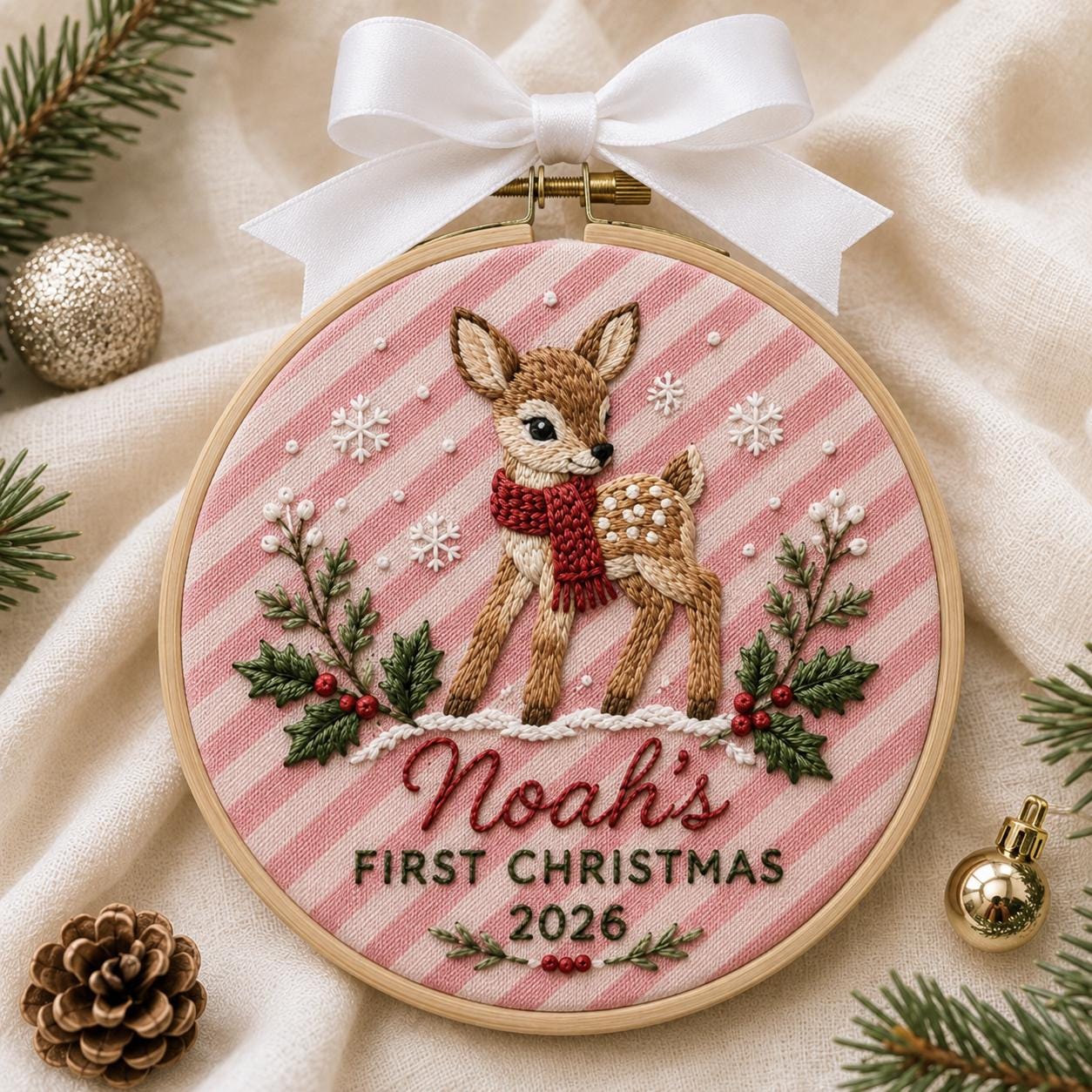 Ornament – Personalized Baby First Christmas Name Embroidered Deer Hoop with Woodland Baby Keepsake and Newborn Holiday Decor 2026 Gift - photo 2