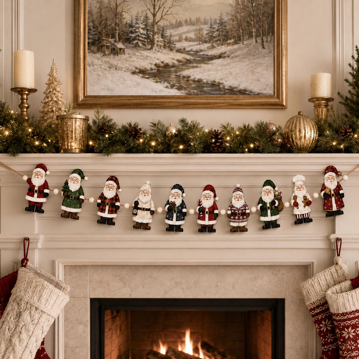 Christmas Santa Garland with Wooden Santa Claus Holiday Banner for Festive Mantel, Fireplace, and Door Christmas Home Decor