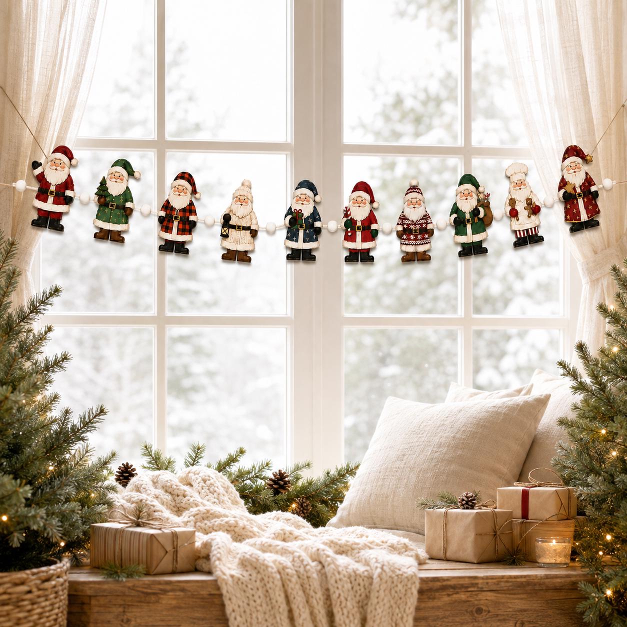 Christmas Santa Garland with Wooden Santa Claus Holiday Banner for Festive Mantel, Fireplace, and Door Christmas Home Decor - photo 2