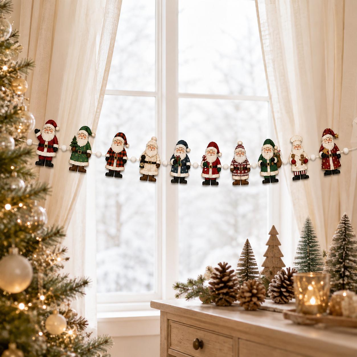 Christmas Santa Garland with Wooden Santa Claus Holiday Banner for Festive Mantel, Fireplace, and Door Christmas Home Decor - photo 3