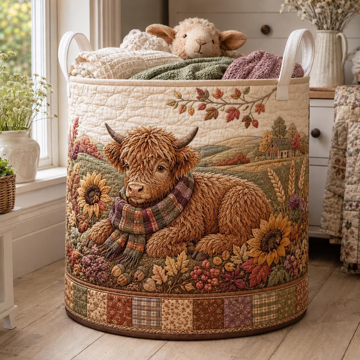 Highland Cow Laundry Hamper with Quilt Style Storage Basket and Fall Clothes Bin, Farmhouse Cow Decor, Rustic Home Organizer