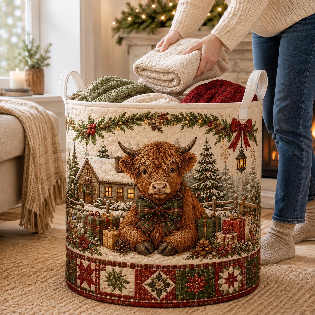 Highland Cow Laundry Hamper with Quilt Style Storage Basket and Fall Clothes Bin, Farmhouse Cow Decor, Rustic Home Organizer - photo 2