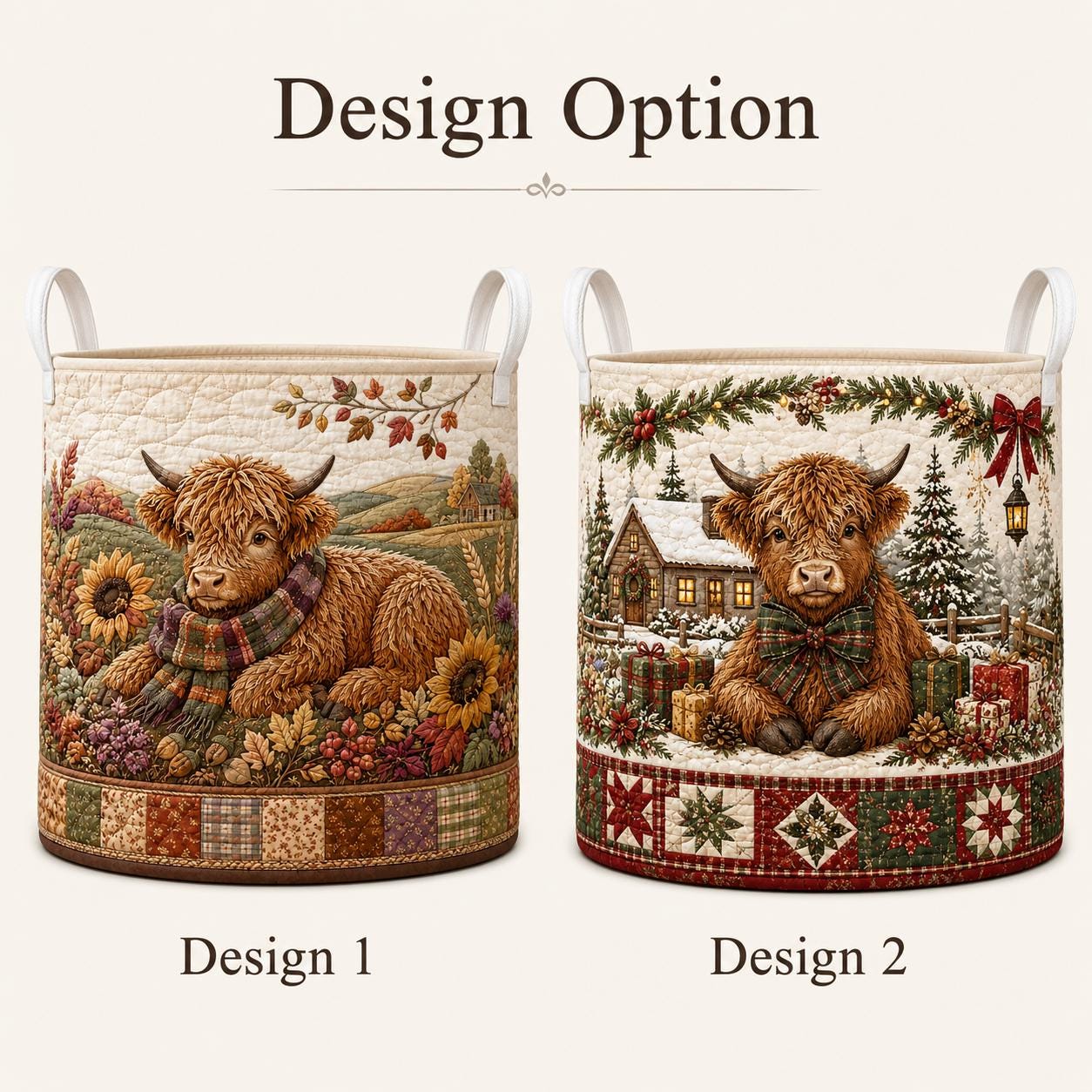 Highland Cow Laundry Hamper with Quilt Style Storage Basket and Fall Clothes Bin, Farmhouse Cow Decor, Rustic Home Organizer - photo 3