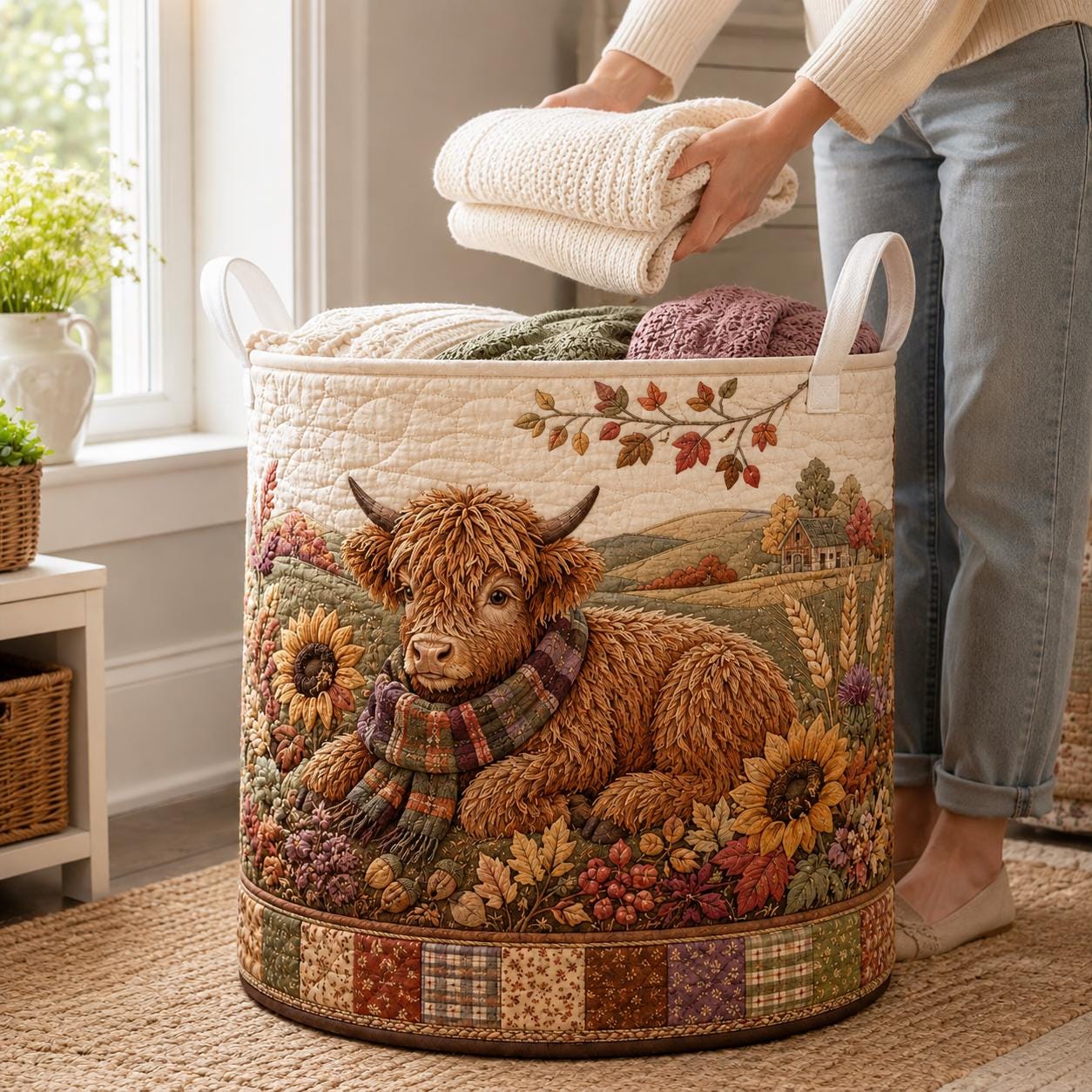 Highland Cow Laundry Hamper with Quilt Style Storage Basket and Fall Clothes Bin, Farmhouse Cow Decor, Rustic Home Organizer - photo 5