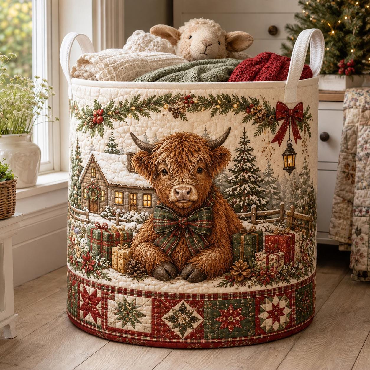 Highland Cow Laundry Hamper with Quilt Style Storage Basket and Fall Clothes Bin, Farmhouse Cow Decor, Rustic Home Organizer - photo 6
