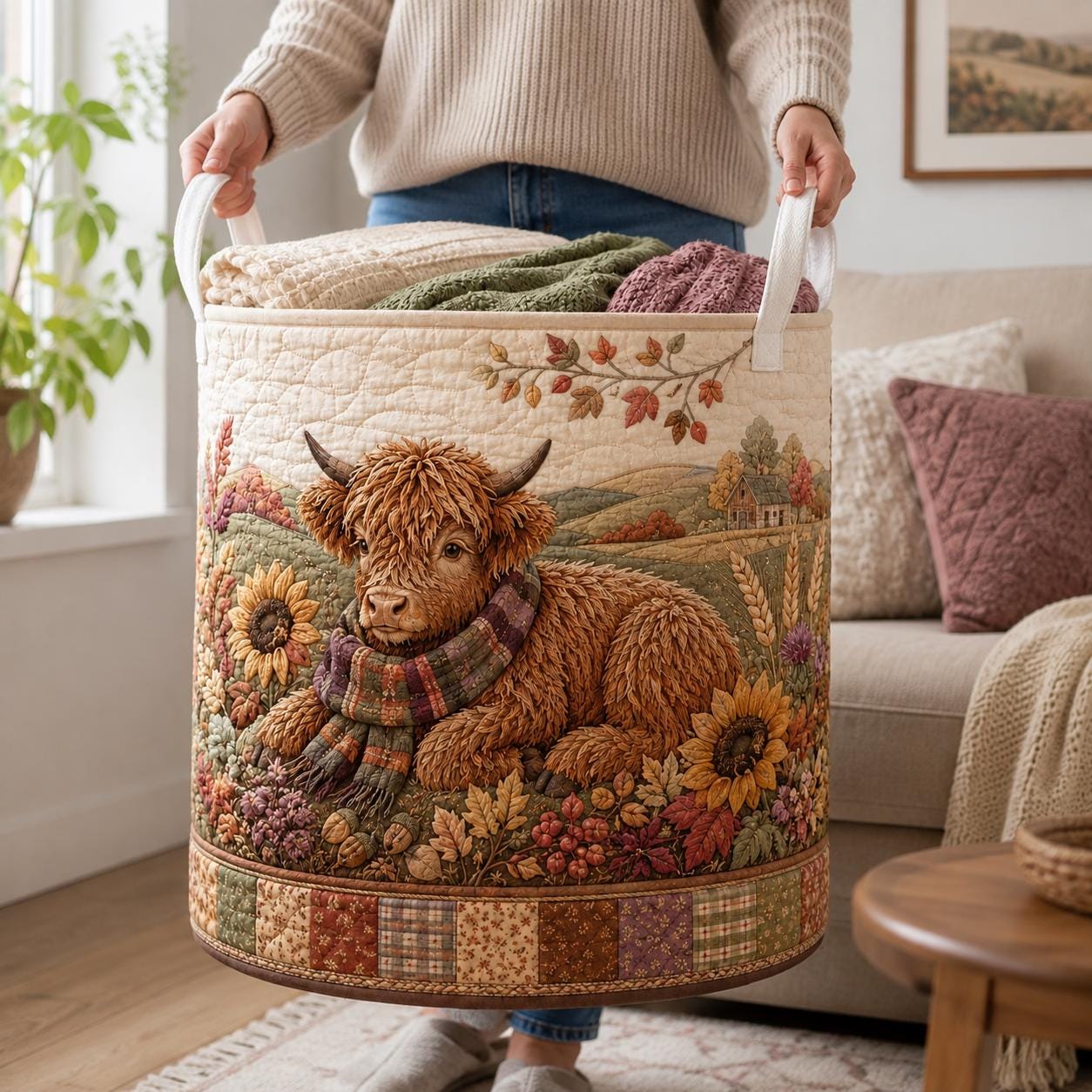 Highland Cow Laundry Hamper with Quilt Style Storage Basket and Fall Clothes Bin, Farmhouse Cow Decor, Rustic Home Organizer - photo 7