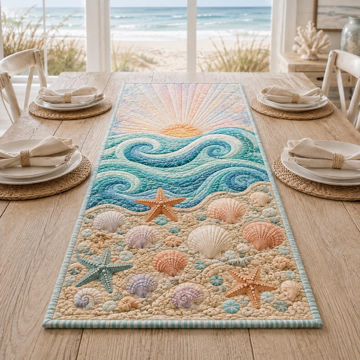 Table Runner – Quilt Style Beach House Table Centerpiece with Coastal Ocean Seashell Starfish Beach Dining Decor and Pastel Wave Summer