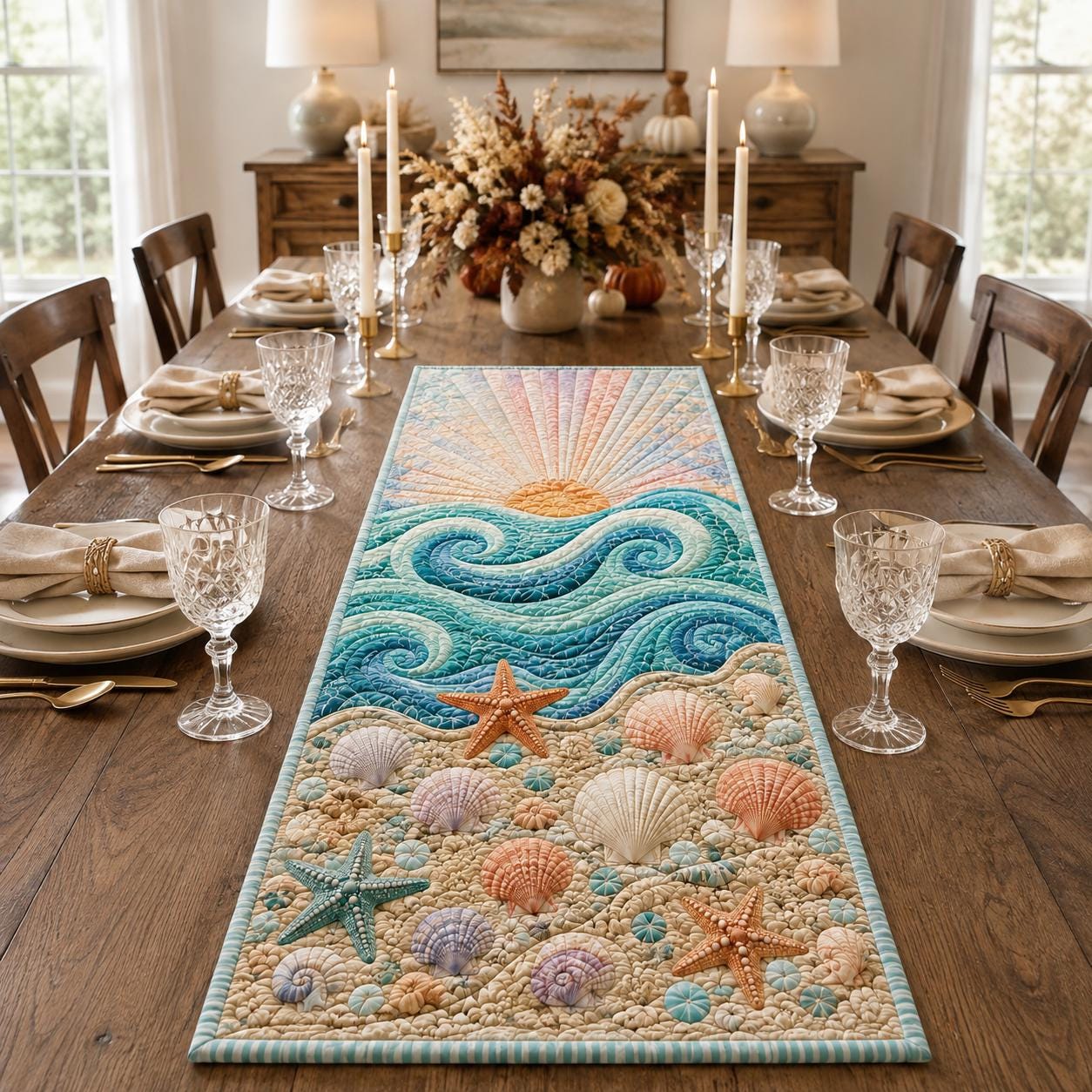 Table Runner – Quilt Style Beach House Table Centerpiece with Coastal Ocean Seashell Starfish Beach Dining Decor and Pastel Wave Summer - photo 3