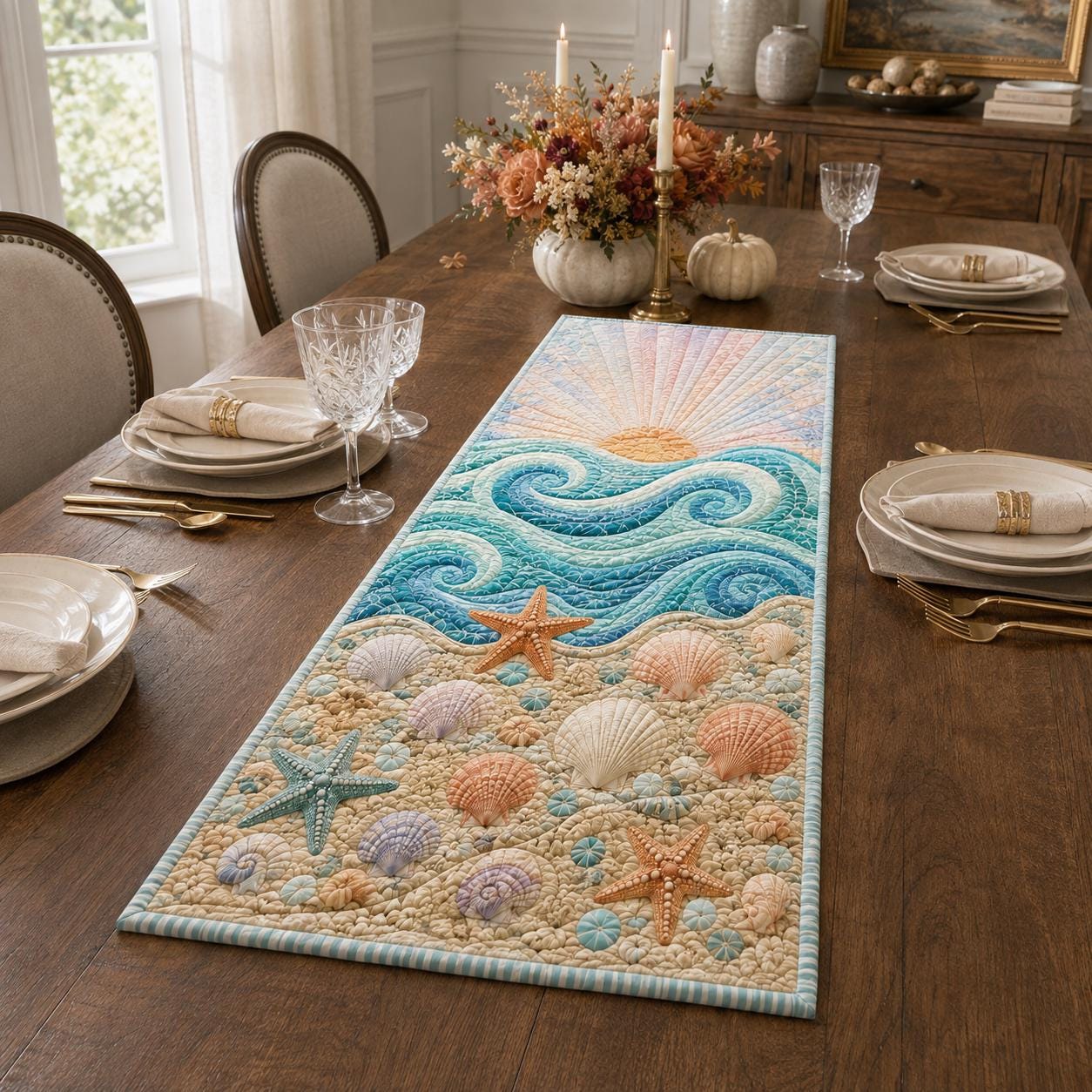 Table Runner – Quilt Style Beach House Table Centerpiece with Coastal Ocean Seashell Starfish Beach Dining Decor and Pastel Wave Summer - photo 4