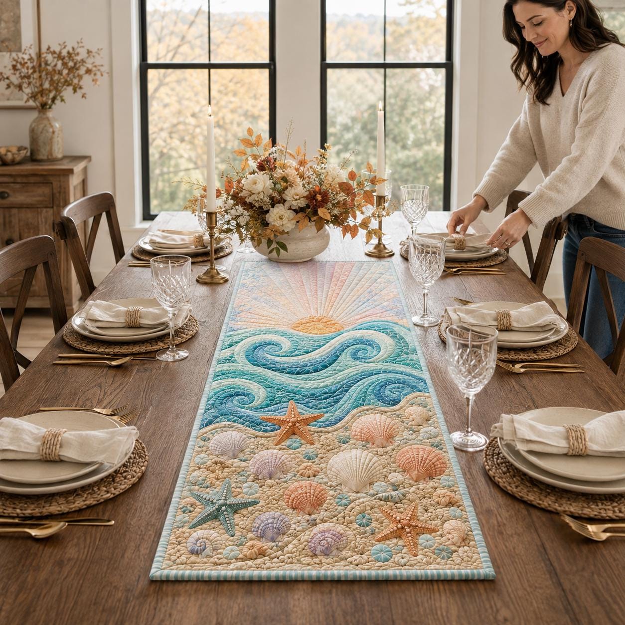 Table Runner – Quilt Style Beach House Table Centerpiece with Coastal Ocean Seashell Starfish Beach Dining Decor and Pastel Wave Summer - photo 5