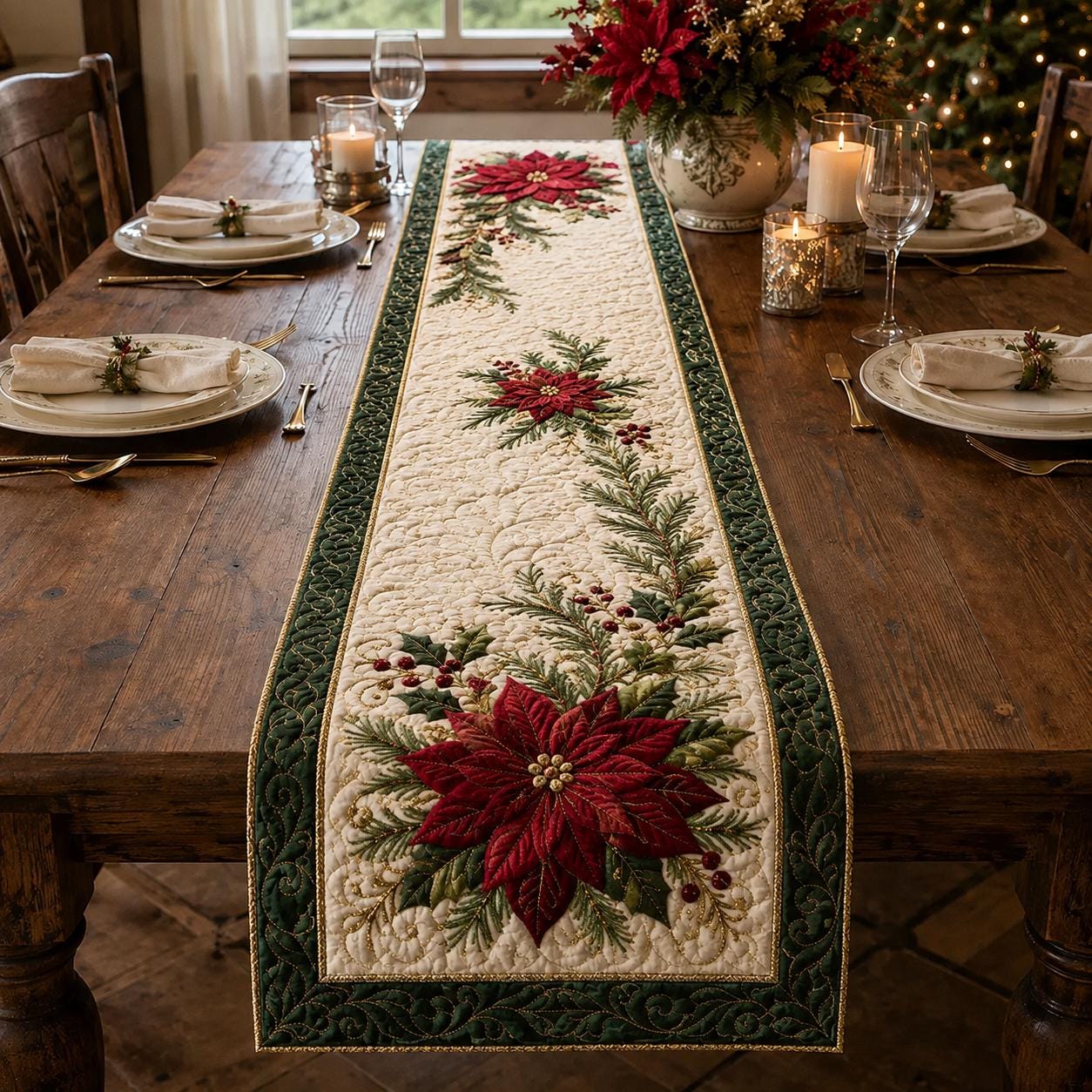 Christmas Table Runner with Quilt Style Elegant Poinsettia Holiday Decor and Luxury Winter Dining Centerpiece
