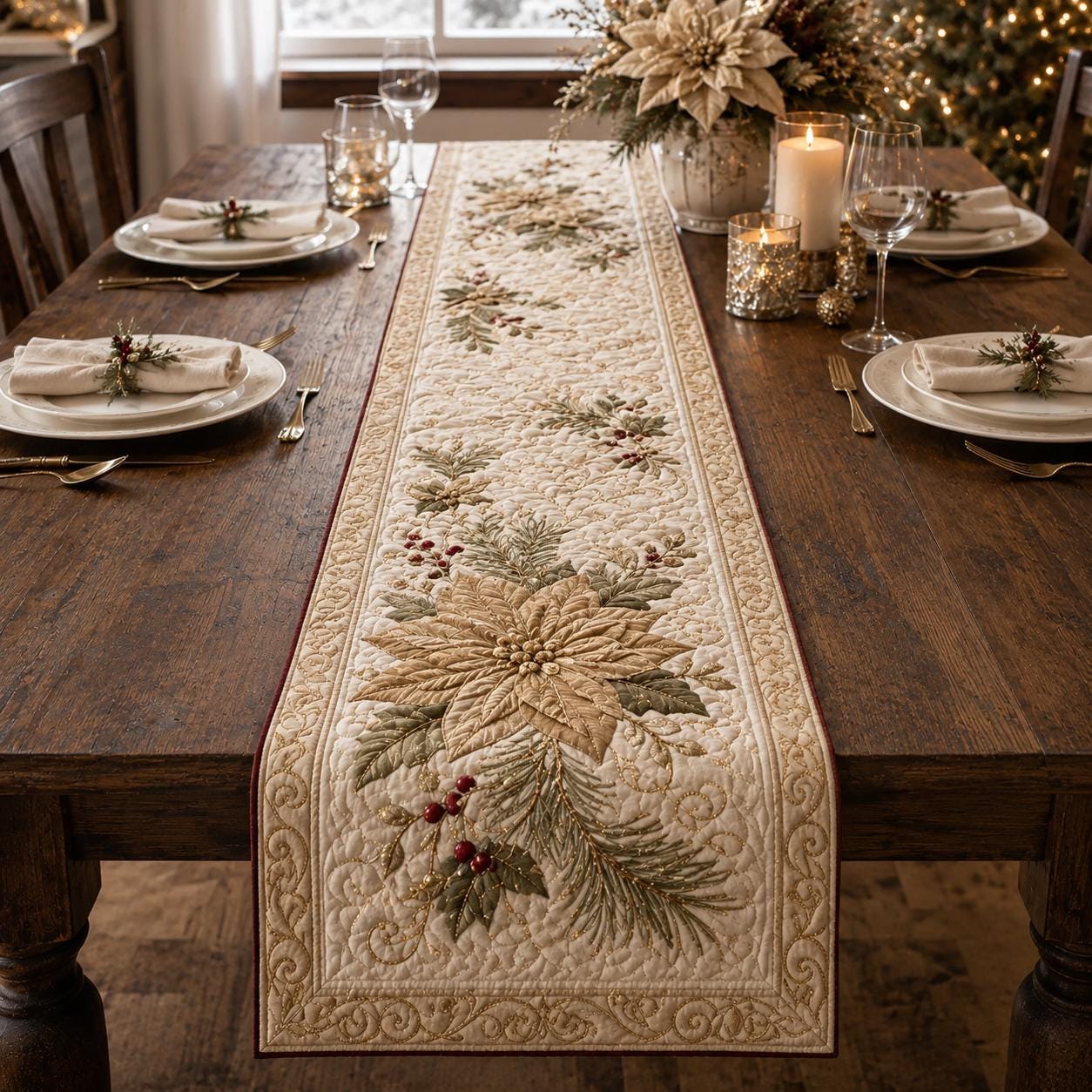 Christmas Table Runner with Quilt Style Elegant Poinsettia Holiday Decor and Luxury Winter Dining Centerpiece - photo 2