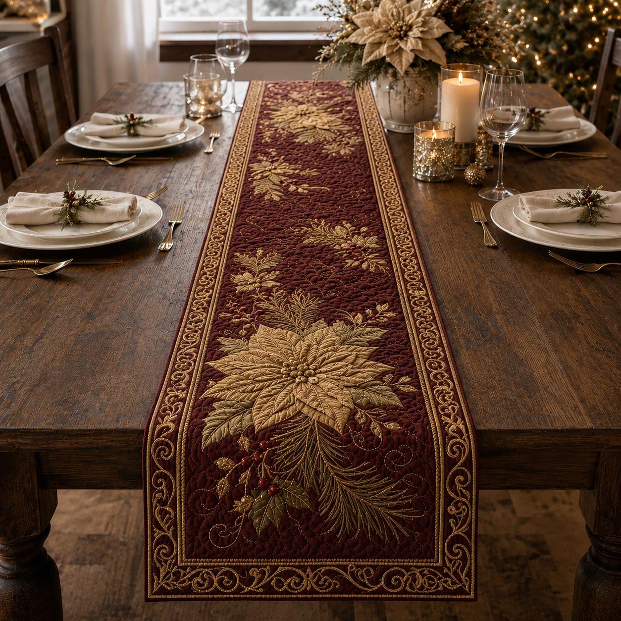 Christmas Table Runner with Quilt Style Elegant Poinsettia Holiday Decor and Luxury Winter Dining Centerpiece - photo 3