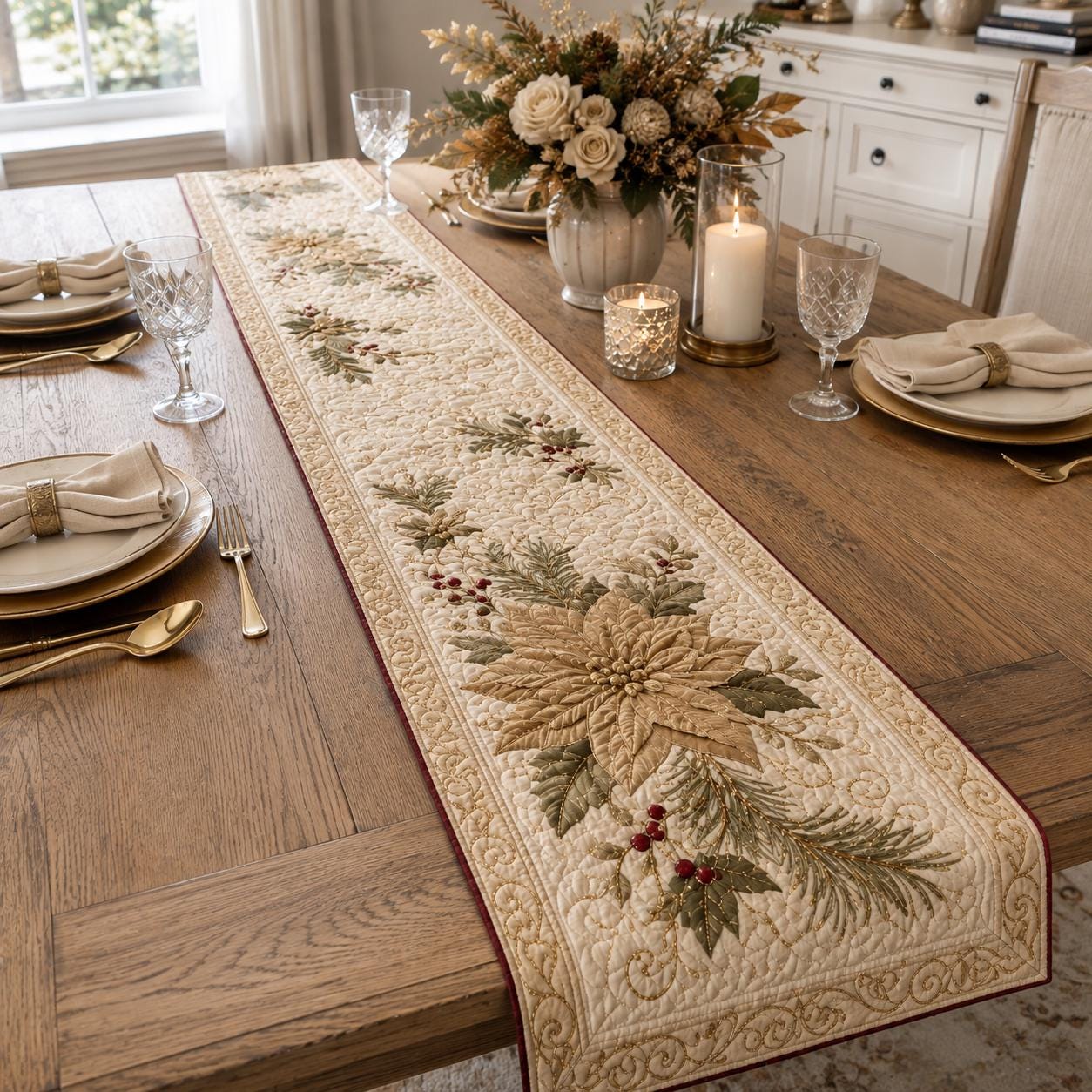 Christmas Table Runner with Quilt Style Elegant Poinsettia Holiday Decor and Luxury Winter Dining Centerpiece - photo 6