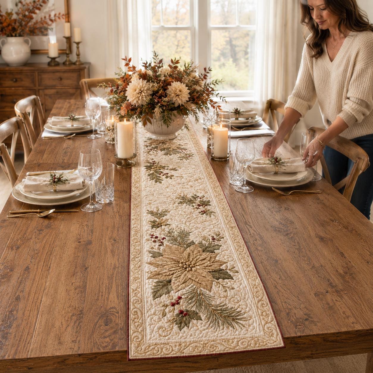 Christmas Table Runner with Quilt Style Elegant Poinsettia Holiday Decor and Luxury Winter Dining Centerpiece - photo 7
