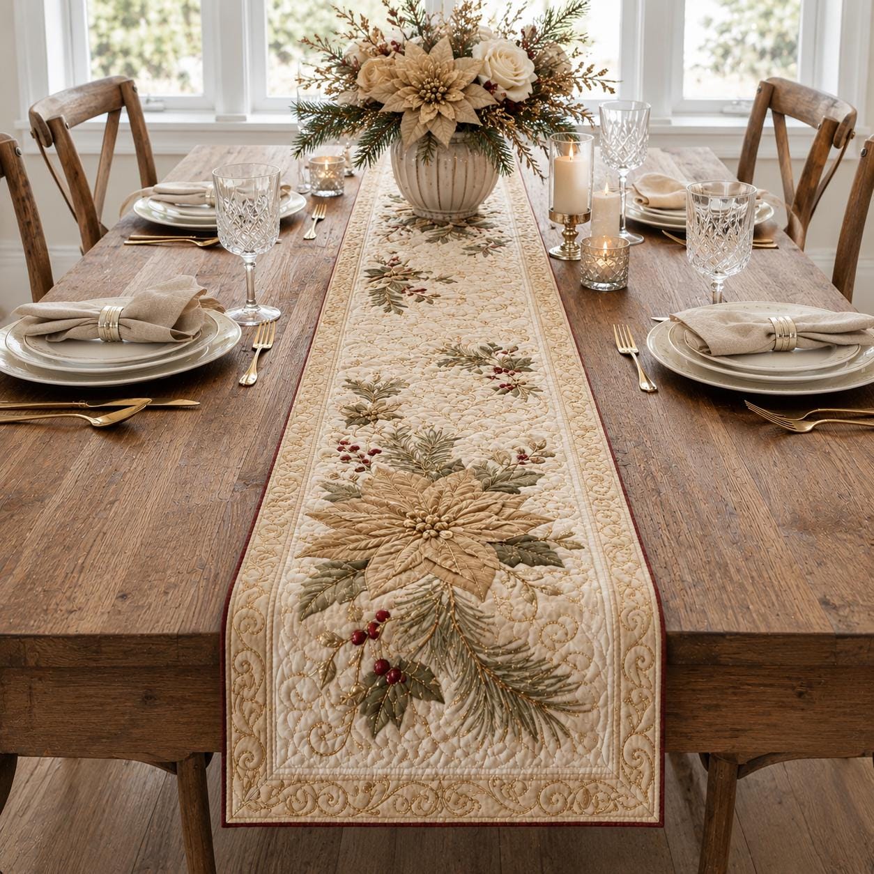 Christmas Table Runner with Quilt Style Elegant Poinsettia Holiday Decor and Luxury Winter Dining Centerpiece - photo 8