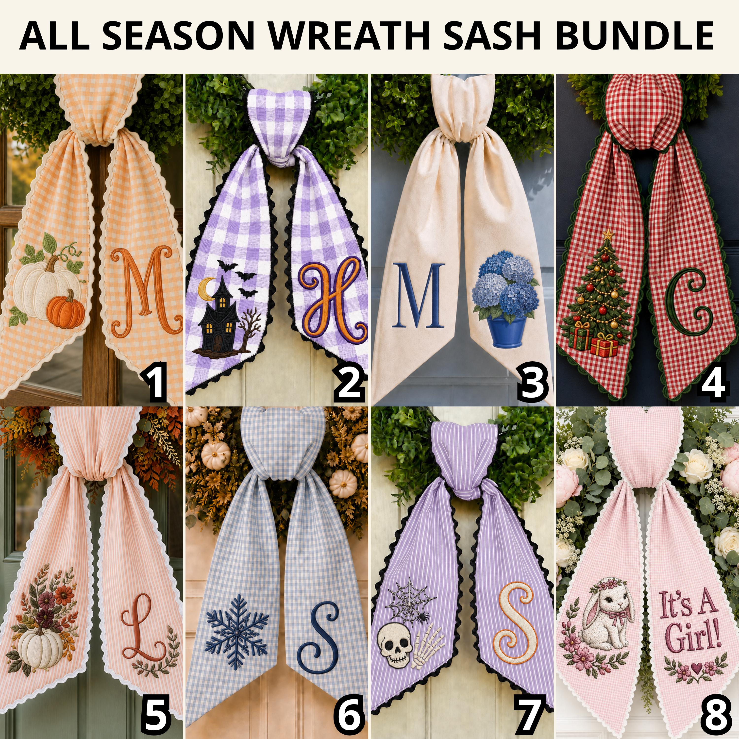 All Season Fall, Halloween, and Christmas Wreath Sash with Custom Monogram Embroidery and Personalized Front Door Decor