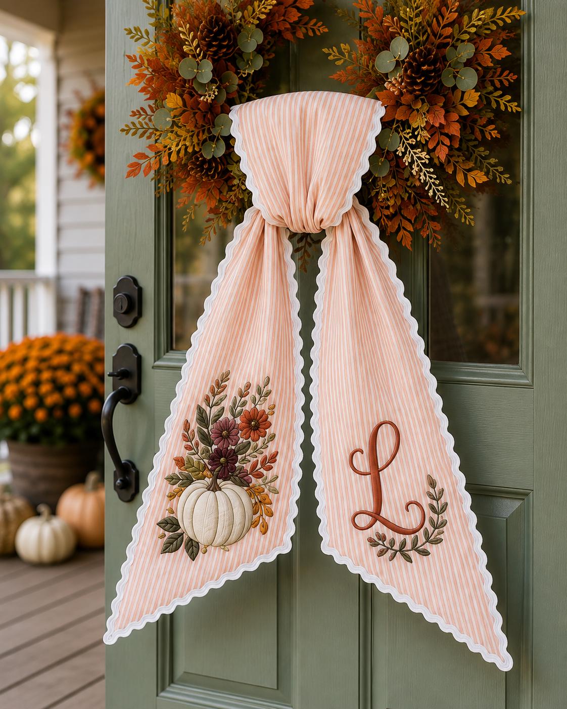 All Season Fall, Halloween, and Christmas Wreath Sash with Custom Monogram Embroidery and Personalized Front Door Decor - photo 8