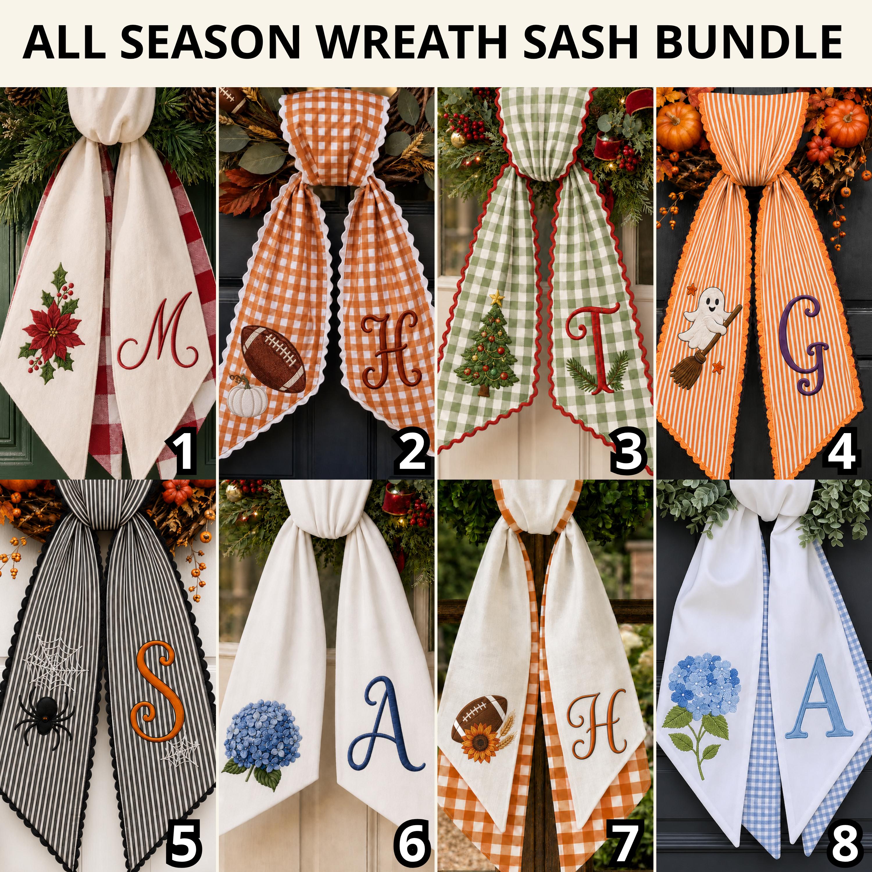 All Season Wreath Sash Bundle for Holiday and Everyday Door Decor, Custom Text Wreath Sashes with Ric Rac, and Sports Floral Holiday Sash