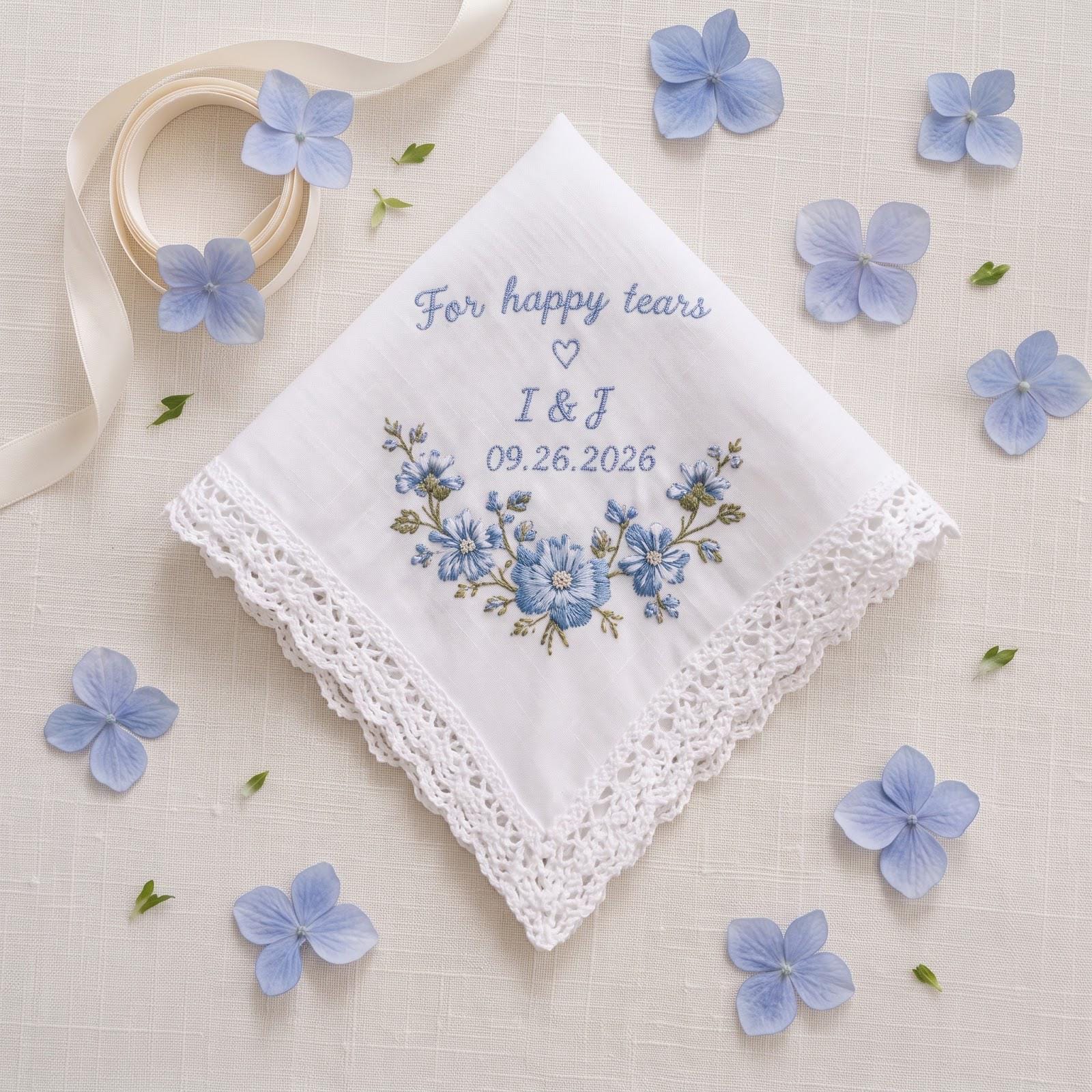 Handkerchief – Personalized Embroidered Wedding Hanky for Happy Tears with Custom Initials Date Blue Floral Bridal Keepsake Gift