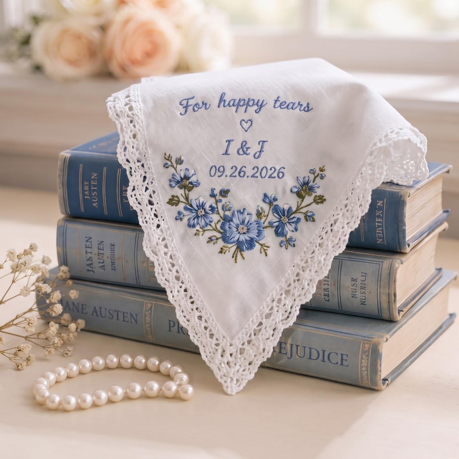 Handkerchief – Personalized Embroidered Wedding Hanky for Happy Tears with Custom Initials Date Blue Floral Bridal Keepsake Gift - photo 2