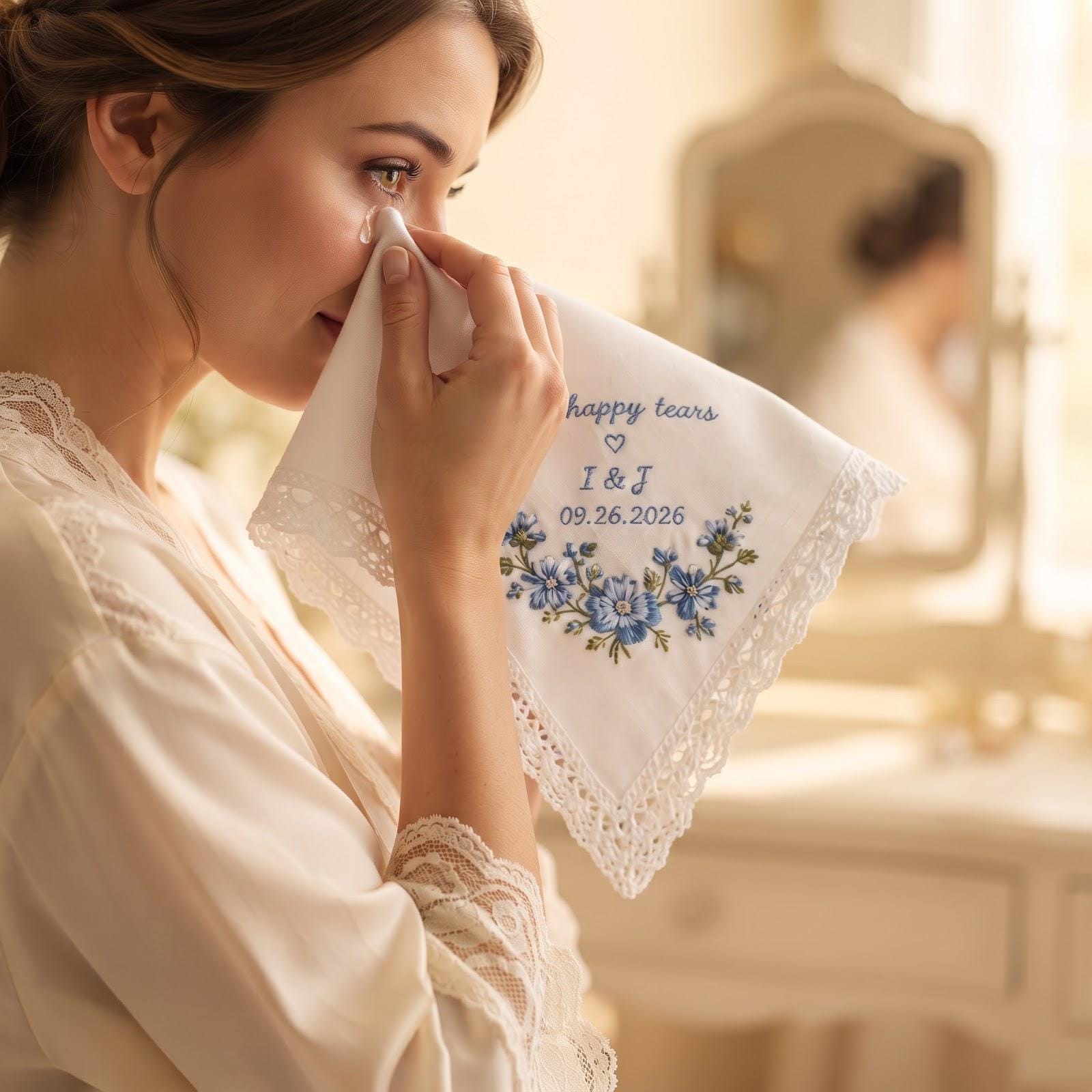 Handkerchief – Personalized Embroidered Wedding Hanky for Happy Tears with Custom Initials Date Blue Floral Bridal Keepsake Gift - photo 6