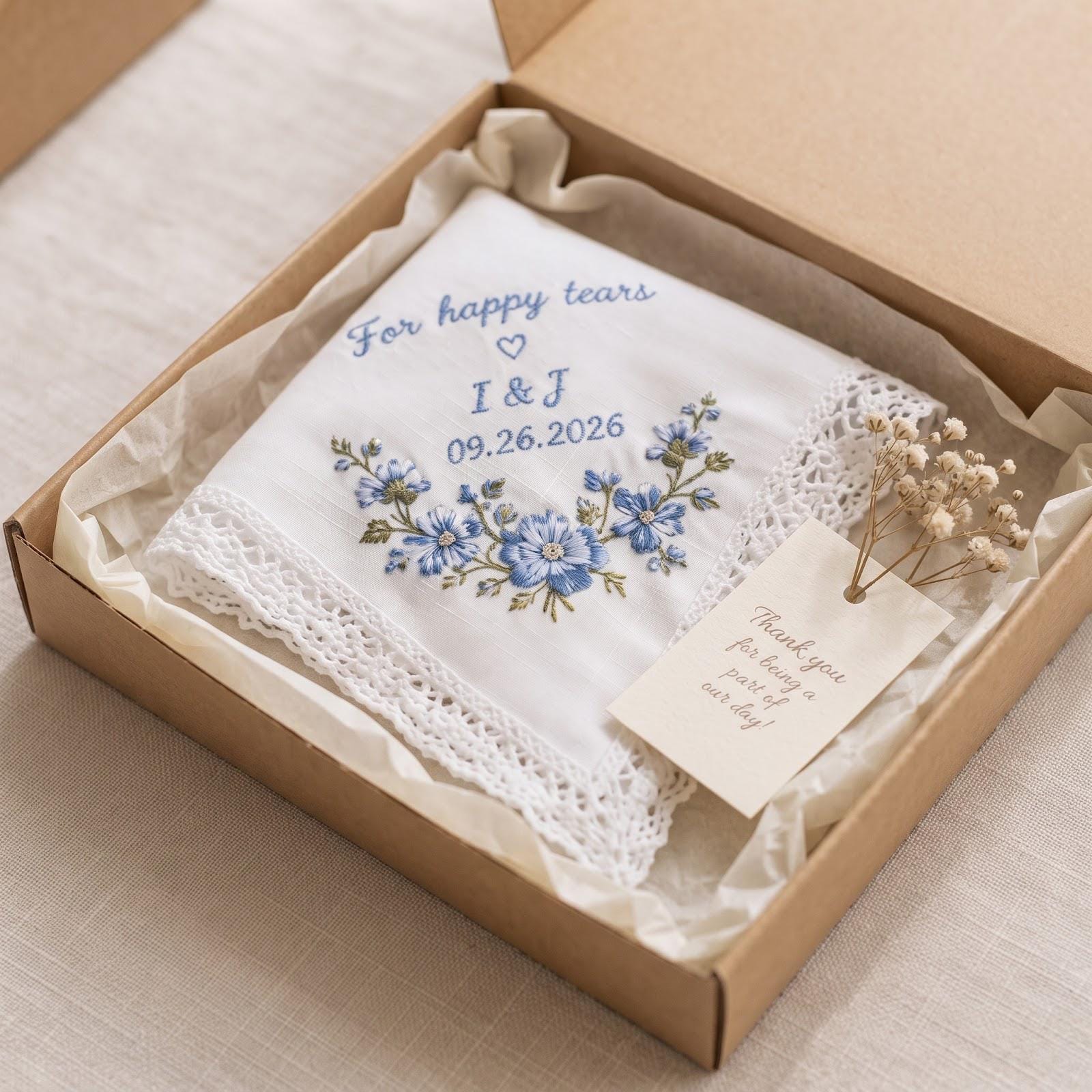 Handkerchief – Personalized Embroidered Wedding Hanky for Happy Tears with Custom Initials Date Blue Floral Bridal Keepsake Gift - photo 7