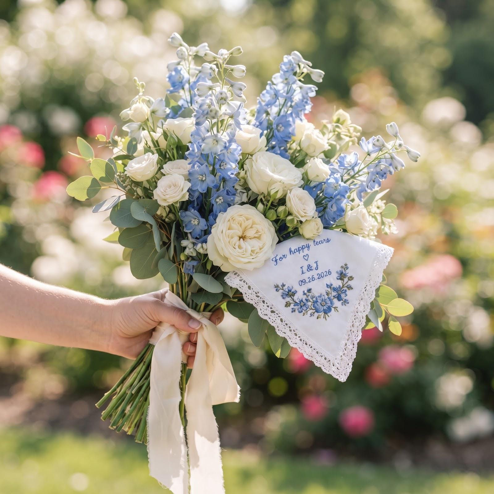 Handkerchief – Personalized Embroidered Wedding Hanky for Happy Tears with Custom Initials Date Blue Floral Bridal Keepsake Gift - photo 8