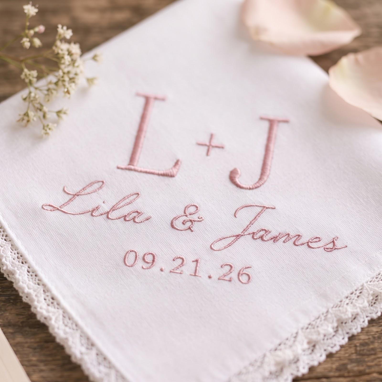 Handkerchief – Personalized Embroidered Wedding Hanky with Custom Initials Name Date Minimal Bridal Keepsake and Elegant Bride Gift