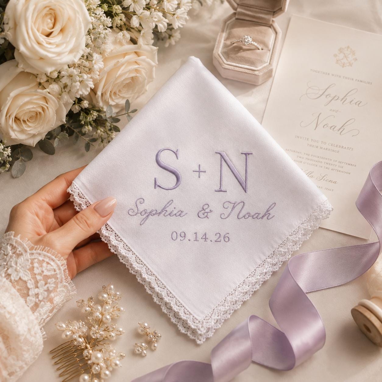 Handkerchief – Personalized Embroidered Wedding Hanky with Custom Initials Name Date Minimal Bridal Keepsake and Elegant Bride Gift - photo 2