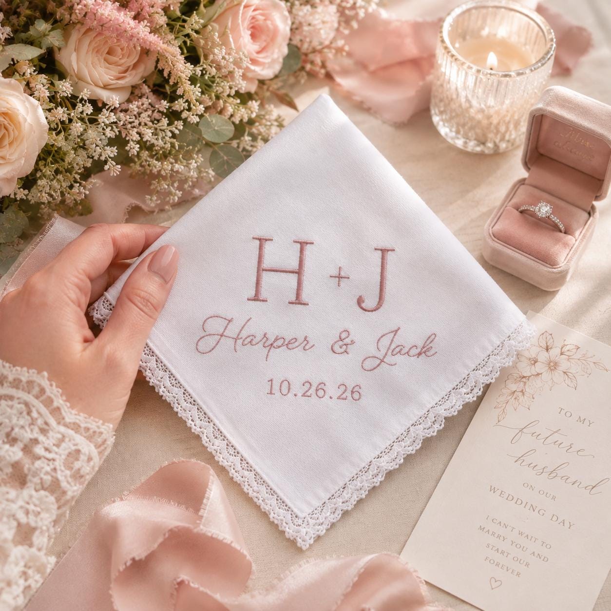 Handkerchief – Personalized Embroidered Wedding Hanky with Custom Initials Name Date Minimal Bridal Keepsake and Elegant Bride Gift - photo 7